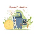 Cheese maker concept. Professional chef making block of cheese.
