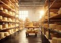 Cheese making factory warehouse storage with shelves full of large cheese pieces.Macro.AI Generative