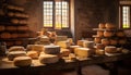 Cheese making industry ages dairy products in cellar for tradition generated by AI Royalty Free Stock Photo