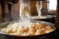 cheese making process: curds forming in a vat