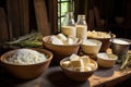 cheese making process with curds and whey in bowls