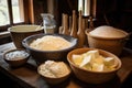 cheese making process with curds and whey in bowls
