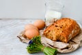 Cheese, milk, bread and eggs Royalty Free Stock Photo