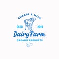 Cheese and Milk Dairy Farm. Abstract Vector Sign, Symbol or Logo Template. Hand Drawn Cow Calf and Cheese Sillhouettes Royalty Free Stock Photo