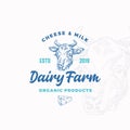 Cheese and Milk Dairy Farm. Abstract Vector Sign, Symbol or Logo Template. Hand Drawn Cow Face or Head and Cheese Royalty Free Stock Photo