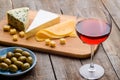 Cheese, olives and red wine Royalty Free Stock Photo