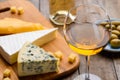 Cheese, olives and wineglass Royalty Free Stock Photo