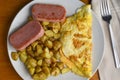 cheese omelet served with home fries and spam