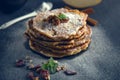 Cheese pancakes with apple, vanilla, cinnamon, and dried fruits Royalty Free Stock Photo