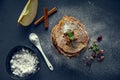 Cheese pancakes with apple, vanilla, cinnamon, and dried fruits Royalty Free Stock Photo