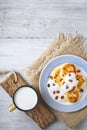 Cheese pancakes with raisins and yogurt on a ceramic plate Royalty Free Stock Photo