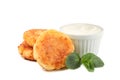 Cheese pancakes, sour cream and mint isolated on background