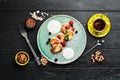 Cheese pancakes with strawberries and sour cream. Breakfast. In the plate. Top view. Flat lay composition Royalty Free Stock Photo