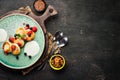 Cheese pancakes with strawberries and sour cream. Breakfast. In the plate. Top view. Flat lay composition Royalty Free Stock Photo