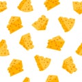 Cheese pattern. Seamless texture of organic sour milk food. Cartoon dairy products yellow pieces with holes. Natural