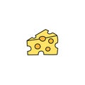 Cheese piece doodle element isolated. Vector outline illustration of cheese Maasdam with holes. Hand drawn cute colorful Royalty Free Stock Photo