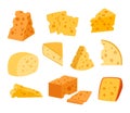 Cheese pieces. Dairy products. Cartoon bites of maasdam with hollows and holes. Gouda slices. Cow milk food set