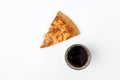 Cheese pizza and pickle and cola on white background Royalty Free Stock Photo