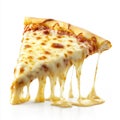 Cheese pizza slice with melting cheese strings on white background Royalty Free Stock Photo
