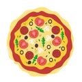 Cheese pizza with tomatoes, salami, olives, mushrooms, arugula and spices. Vector illustration isolated on a white background