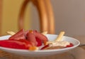 Cheese on the plase with sausage Royalty Free Stock Photo