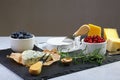 Cheese plate. Assortment of cheese with walnuts, cranberry, rosemary sprig, blueberries on a stone plate. Cheese Serving Knife. cl