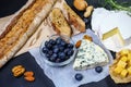 Cheese plate - brie, camembert and parmesan tasting with berries, nuts, snack. Food banner for text or design. Top flat view photo