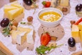 Cheese plate with cheeses Dorblu, Parmesan, Brie, Camembert and Roquefort in serving on the table from an old tree close Royalty Free Stock Photo