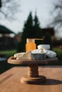 Cheese plate. different cheeses on a wooden plate Royalty Free Stock Photo