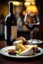 Cheese plate with fine red wine of wooden table. Royalty Free Stock Photo