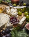 Cheese plate with gorgonzola,Camembert jam and honey,grapes ,peach on wooden cutting board close up Royalty Free Stock Photo