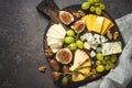 Cheese plate with grapes, figs and nuts.