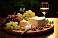 cheese plate with grapes, nuts and a glass of white wine, A cheese platter with grapes, nuts and wine, AI Generated Royalty Free Stock Photo