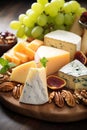 Cheese plate with grapes and nuts. Selective focus. Royalty Free Stock Photo