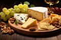 Cheese plate with grapes, nuts and white wine on wooden background Royalty Free Stock Photo