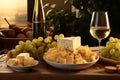 Cheese Plate with Grapes and White Wine - Tantalizing Trio for Elegant Dining and Wine Pairings. Royalty Free Stock Photo