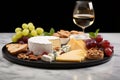 Cheese Plate with Grapes and White Wine - Tantalizing Trio for Elegant Dining and Wine Pairings. Royalty Free Stock Photo