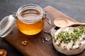 Cheese plate, honey pouring on camembert cheese. Royalty Free Stock Photo