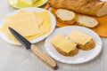 Cheese in plate, knife, sandwiches, bread on cutting board Royalty Free Stock Photo