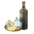 Cheese plate with mozzarella, cheddar, brie, grapes and red wine bottle illustration. Cur cheese food composition with drink for