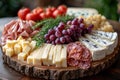 Cheese plate served with grapes jamon prosciutto salami crackers and nuts on wooden board Royalty Free Stock Photo