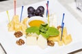 Cheese plate served with grapes, walnuts and honey close-up Royalty Free Stock Photo