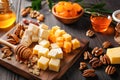 Cheese plate served with nuts, honey, dry fruits on a wooden background. Royalty Free Stock Photo