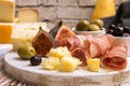 Cheese plate with Slices of prosciutto, pieces of cheese, olives Royalty Free Stock Photo