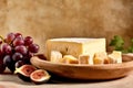 Cheese plate with soft cheese of brie and camembert served with grapes and figs. Italian and French cheeses. Royalty Free Stock Photo