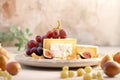 Cheese plate with soft cheese of brie and camembert served with grapes and figs. Italian and French cheeses. Royalty Free Stock Photo