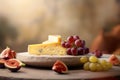 Cheese plate with soft cheese of brie and camembert served with grapes and figs. Italian and French cheeses. Royalty Free Stock Photo