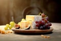 Cheese plate with soft cheese of brie and camembert served with grapes and figs. Italian and French cheeses. Royalty Free Stock Photo