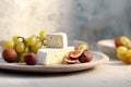 Cheese plate with soft cheese of brie and camembert served with grapes and figs. Italian and French cheeses. Royalty Free Stock Photo