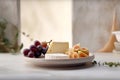 Cheese plate with soft cheese of brie and camembert served with grapes and figs. Italian and French cheeses. Royalty Free Stock Photo